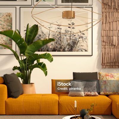 3D render of a cozy home interior. All framed images are my own and can be found in my portfolio.